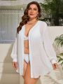 SHEIN Swim Classy Plus Size Solid Color Kimono With Front Buckle Closure And Lantern Sleeve