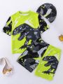 SHEIN Boys' Dinosaur Print T-Shirt, Shorts, Swim Cap And Swimwear Set, Summer