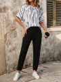 Women's Striped Print Round Neck Top And Pants Set