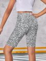 SHEIN Kids Cooltwn Tween Girls' Leopard Print Stretchy Slim Fit Short Legging For Daily Wear