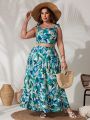 SHEIN VCAY Plus Size Women's Full Botanical Print Ruffle Hem Top And Skirt Set