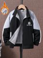 SHEIN Tween Boys' Contrast Color Letter Print Fleece Jacket
