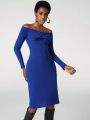 blue chic Off Shoulder Twist Front Ribbed Knit Bodycon Dress