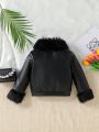 Little Girls' Cool Faux Leather Jacket With Furry Collar For Autumn