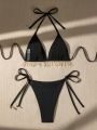 SHEIN Swim Mod Women'S Two-Piece Rhinestone Decorated Black Bikini Swimsuit