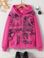 Teen Girls' Knitted Sweater Hoodie With Printed Slogan Design And Fleece Lining