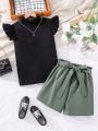 Teen Girls' Casual Style 2pcs Fly Sleeve T-Shirt And Shorts Set