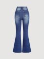 SHEIN Teenage Girls' Flared Jeans With Star Print And Wash, Spring/Summer