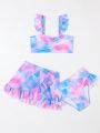 Young Girl Tie-Dye Flounce Bikini Swimsuit Set With Beach Skirt Cover Up