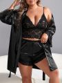 Plus Lace Cami Top & Satin Shorts & Belted Robe
