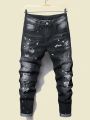SHEIN Teen Boys' Ripped And Paint-splattered Skinny Jeans