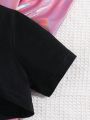 SHEIN Kids QTFun 2pcs/Set Tween Girls' Cool Black Round Neck Short Sleeve T-Shirt And Smiling Face Print Sleeveless Cami Romper Set