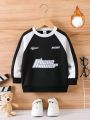 SHEIN Kids EVRYDAY Boys' Black And White Color Block Letter Print Casual Sweatshirt For Autumn And Winter