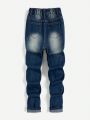 Tween Boy Cartoon Embroidery Washed Ripped Jeans