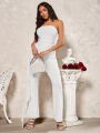SHEIN BAE Women Strapless Jumpsuit With Ruched Bodice, Flared Pants, And Peplum Hem Belt, White, Elegant For Valentine's Day Romantic Date