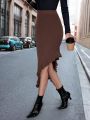 SHEIN Frenchy Solid Ruffle Trim Asymmetrical Hem Knit Skirt