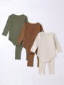 Baby Boys' Spring & Autumn New Casual Solid Color Long Sleeve Jumpsuit And Pant