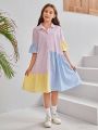 SHEIN Kids SUNSHNE Tween Girls' Woven Color Block Loose Casual Shirt Dress