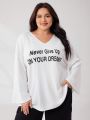 SHEIN Mulvari Women'S Plus Size Graphic Printed V-Neck Bell Sleeve T-Shirt