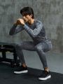 Men's Sporty Geometric Pattern Inserted Long Sleeve Compression Suit