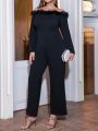 SHEIN Clasi Women'S Plus Size Solid Color Fringed Off Shoulder Jumpsuit