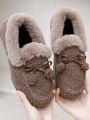 Women's 2023 New Winter Warm Plush Flat Loafers With Anti-skid Soft Sole & Bowknot Decor, Fashionable & Cute