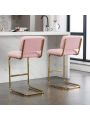 OSQI Mid-Century Modern Counter Height Bar Stools for Kitchen Set of 2, Armless Bar Chairs with Gold Metal Chrome Base for Dining Room, Upholstered Boucle Fabric Counter Stools, Pink
