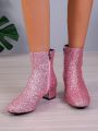 Ladies' Pointed Toe Pink Glitter Side Zipper Chunky Heel Western Style Short Boots, Winter New Arrivals All-match Slimming Fashionable Shoes For Women