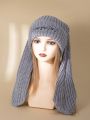 1pc Women's Grey Long Rabbit Ear And Folded Brim Knitted Hat, Fun Knitting Hat Without Brim, Thick Knitted Warm Headgear For Autumn Winter Parties