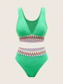 SHEIN Swim Vcay Women's Color Block Bikini Swimsuit Set With Mixed Stripe & Jacquard Stripe & Textured Panel