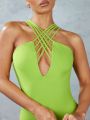 SHEIN BAE Solid Color Cross Straps Bodycon Jumpsuit With Thin Straps For Summer Streetwear