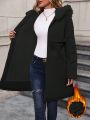 Plus Size Fuzzy Embellished Winter Coat With Drawstring Waist And Warm Lining Hood