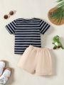 Baby Boys' Striped Patch Pocket T-Shirt And Solid Color Shorts Set