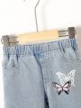 Little Girl's Cute Butterfly Print Washed Soft Jeans