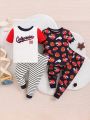 SHEIN 4pcs Neutral Baby Cartoon Printed Round Neck Short Sleeve Top And Pants Set