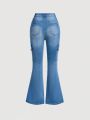 SHEIN New Y2k Teen Girl's Streetwear Casual Tight-Fitted Elastic And Comfortable Tool Pocket Cat's Whisker Printed Denim Bell-Bottom Jeans