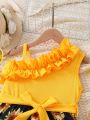 SHEIN Kids Cooltwn Tween Girls' Sunflower Print Asymmetrical Neck Sleeveless Dress