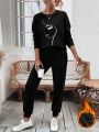 SHEIN Essnce Women'S Fleece Lined Sweatshirt And Pants Set With Character Design