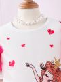 SHEIN Kids QTFun Little Girls' Cute Heart Printed Mesh Spliced Dress