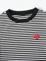 SHEIN Kids EVRYDAY Girls' Casual Striped Short Sleeve Dress With Heart Embroidery