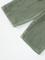 Baby Girls' Elastic Waistband Flower Embellished Casual Multi-Pocket Green Denim Pants