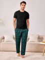 Men's Solid Color Short Sleeve T-shirt And Plaid Long Pants Homewear Set