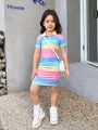 SHEIN Kids Y2Kool Young Girl's Sporty And Sweet Knitted Striped Polo Neck Short Sleeve Dress For Spring/Summer