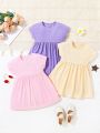 SHEIN Baby Girl Casual Knitted Solid Color Hollow Waist Dress Three-Piece Set
