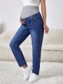 SHEIN New Loose And Comfortable Patchwork Knitted Elastic Wide Waist Fashionable Long Jeans For Pregnant Women