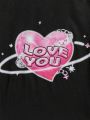 Tween Girls Heart & Letter Printed T-Shirt And Elastic Waist Cargo Pants Set