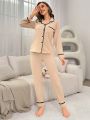 Women'S Lace Trimmed Long Sleeve And Long Pants Pajama Set