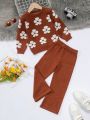 Toddler Girls' Floral Pattern Round Neck Sweater And Knitted Pants Set