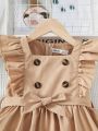 SHEIN Kids FANZEY Young Girl Square Neckline Dress With Frilled Trim, Decorative Buttons, Detachable Waist Belt