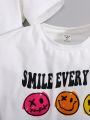 SHEIN Kids EVRYDAY Toddler Boys' 2pcs/Set Cartoon Smiling Face & Letter Print Short Sleeve T-Shirt